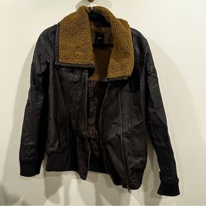 Black Leather Jacket with Brown Shearling Collar